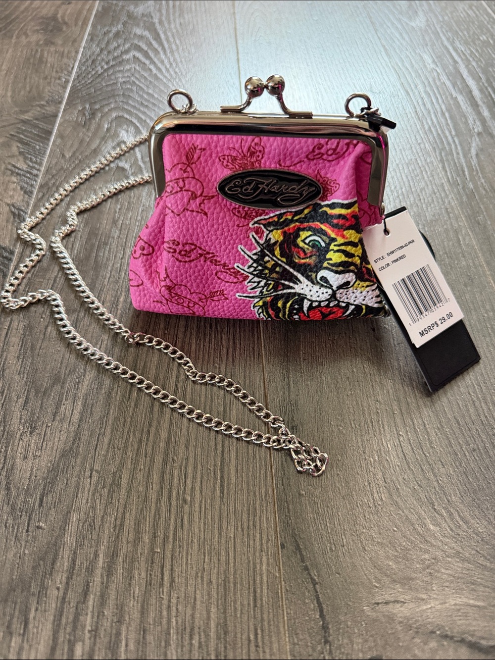 NWT Ed Hardy Hot Pink Tiger Kiss-Lock Mini Crossbody